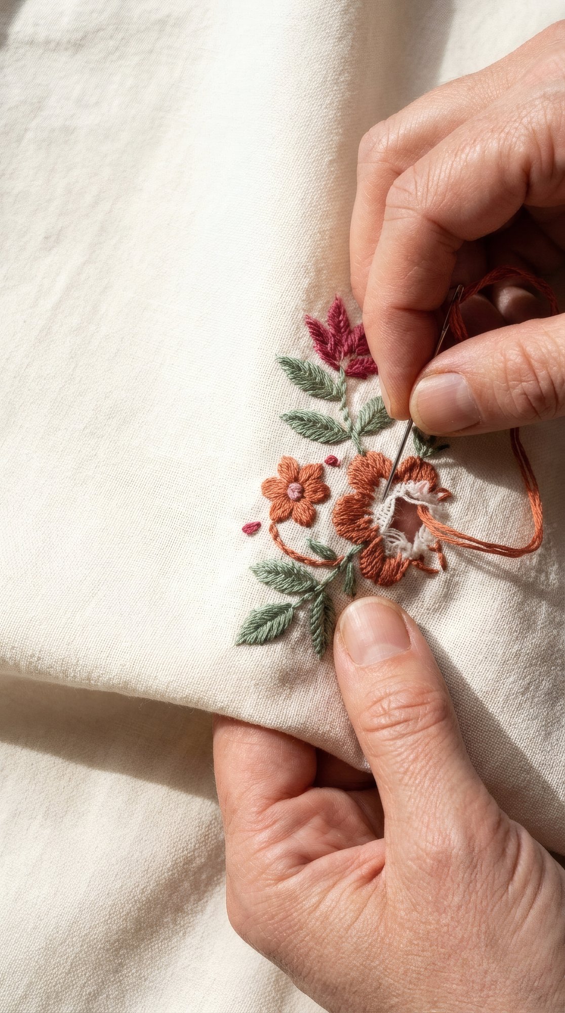 Tela lavorata a punto pieno con dettagli floreali